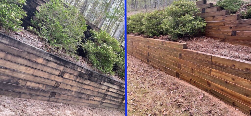 Pressure Washing wood wall Before and after